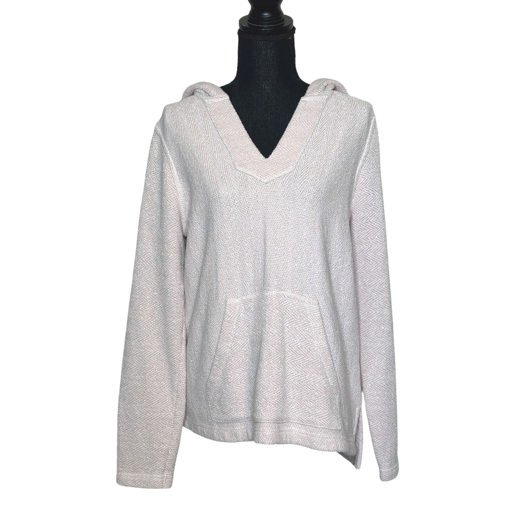 Faherty Womens Pink Textured Knit V-Neck Hoodie Kangaroo Pocket Large